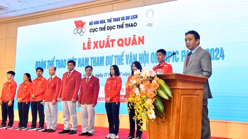 Thứ trưởng Văn hoá, Thể thao và Du lịch Hoàng Đạo Cương phát biểu tại buổi lễ xuất quân. Ảnh: Cục Thể dục thể thao/Nguồn NDO