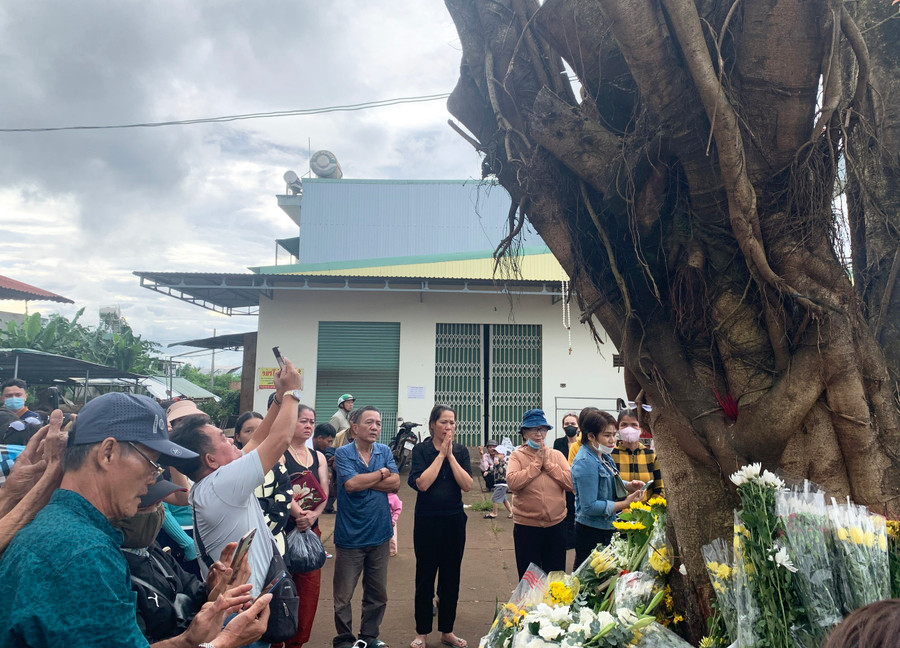 Nhiều người dân hiếu kỳ đến gốc cây si ở chợ xã Nghĩa Hưng (huyện Chư Păh) để quay phim, chụp hình, cầu nguyện. Ảnh: R.H Nhiều người dân hiếu kỳ đến gốc cây si ở chợ xã Nghĩa Hưng (huyện Chư Păh) để quay phim, chụp hình, cầu nguyện. Ảnh: R.H