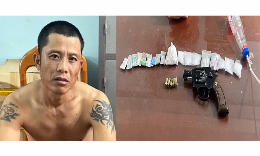 Đối tượng Hoàng Văn Tú cùng tang vật tại Công an huyện Mang Yang. Ảnh: Lê Ánh