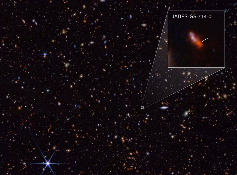 Kết quả quan sát JADES-GS-z14-0 đã đảo ngược các dự đoán thiên văn về những thiên hà hình thành sớm nhất sau Vụ nổ lớn 13,8 tỷ năm trước. (Nguồn: webbtelescope)