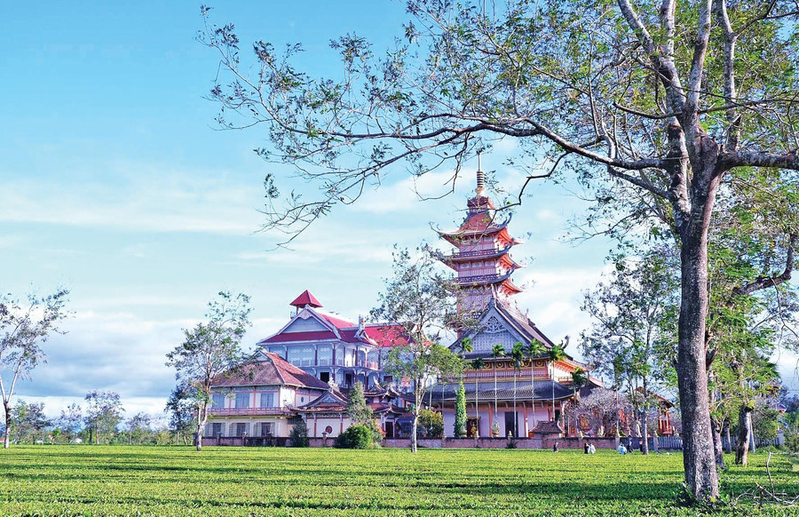 Chùa Bửu Minh (huyện Chư Păh) giữa cánh đồng chè trăm tuổi là một trong những điểm du lịch hấp dẫn của Gia Lai. Ảnh: Hoàng Ngọc
