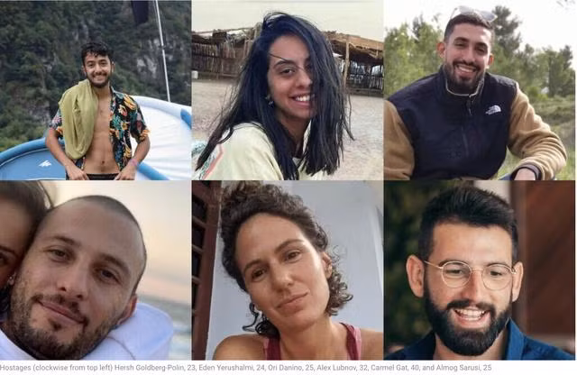 Sáu con tin vừa được tìm thấy thi thể tại Dải Gaza, gồm con tin Mỹ-Israel Hersh Goldberg-Polin (hàng trên, bìa trái)