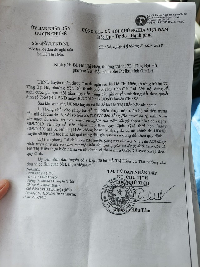 Một trong những lần huyện Chư Sê đồng ý cho cá nhân chậm nộp tiền trúng đấu giá sai quy định