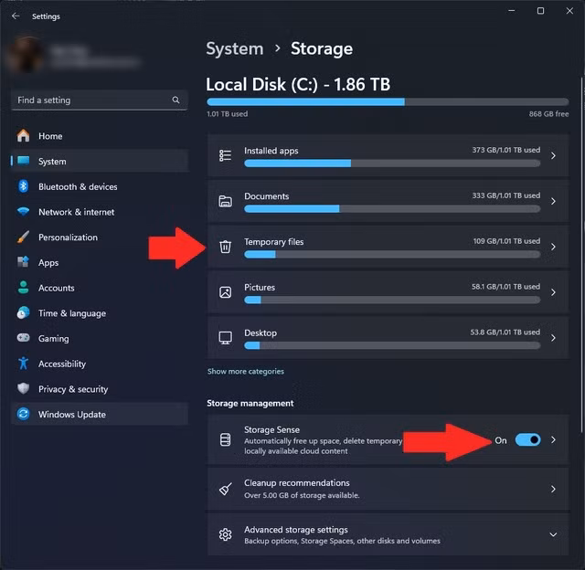 Kích hoạt chức năng Storage Sense để Windwos 11 xóa các tập tin không cần thiết