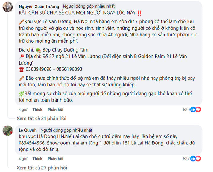 Đây chỉ vài trong hơn 400 bình luận dưới bài đăng kết nối người cần nơi trú bão với các nhà hảo tâm. Đây chỉ vài trong hơn 400 bình luận dưới bài đăng kết nối người cần nơi trú bão với các nhà hảo tâm.