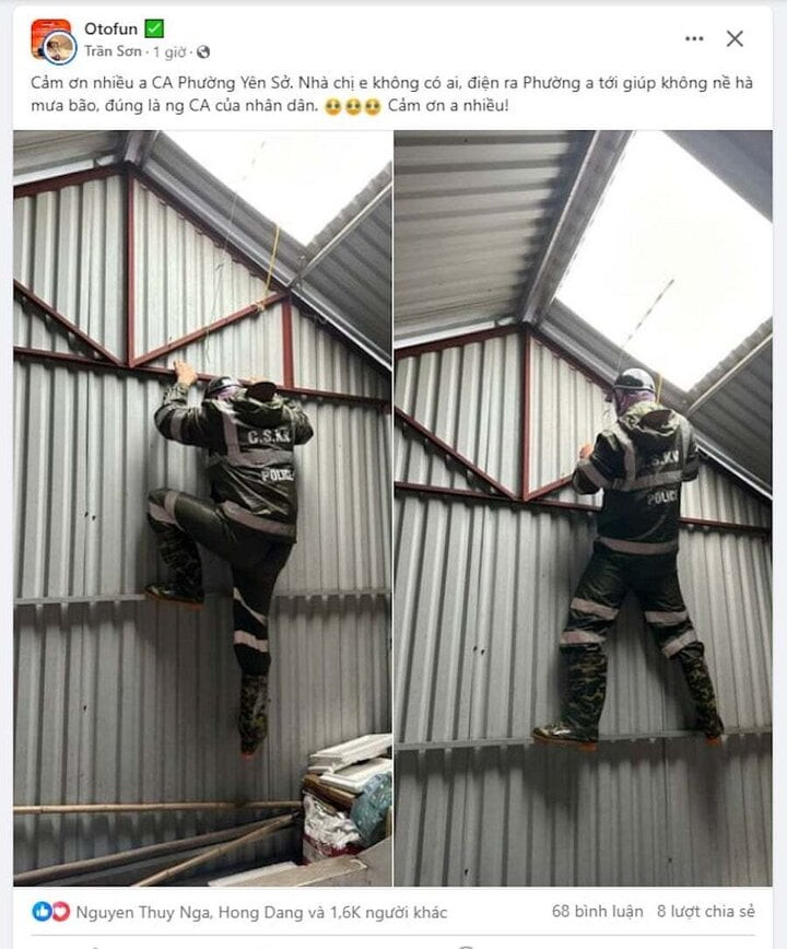 Người dân chia sẻ hình ảnh công an phường Yên Sở, quận Hoàng Mai, Hà Nội đến giúp đỡ không quản bão giông. (Ảnh: Trần Sơn) Người dân chia sẻ hình ảnh công an phường Yên Sở, quận Hoàng Mai, Hà Nội đến giúp đỡ không quản bão giông. (Ảnh: Trần Sơn)