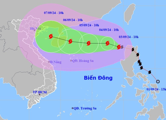 Dự báo vị trí và hướng di chuyển của bão Yagi. Nguồn: Trung tâm Dự báo khí tượng thủy văn quốc gia Dự báo vị trí và hướng di chuyển của bão Yagi. Nguồn: Trung tâm Dự báo khí tượng thủy văn quốc gia