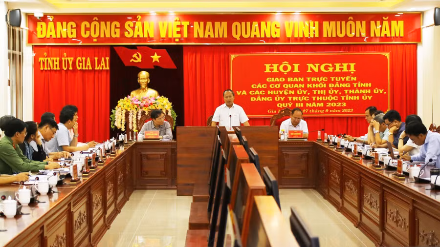 Quang cảnh hội nghị tại điểm cầu trụ sở Tỉnh ủy. Ảnh: Đăng Vũ