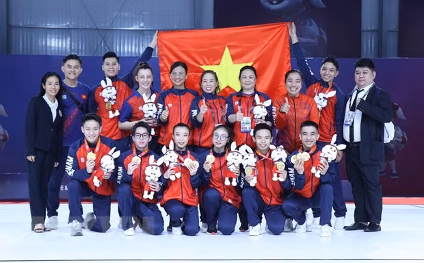Aerobic góp công giúp Đoàn Việt Nam cán mốc 90 HCV tại SEA Games 32. Ảnh: Hoàng Linh/TTXVN