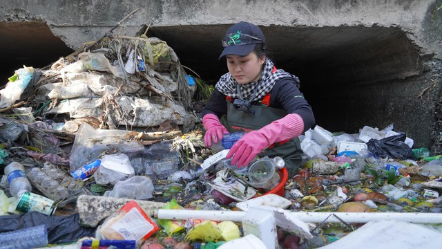 Một nữ tình nguyện viên dầm mình dưới kênh đen để dọn rác. (Ảnh do nhân vật cung cấp)