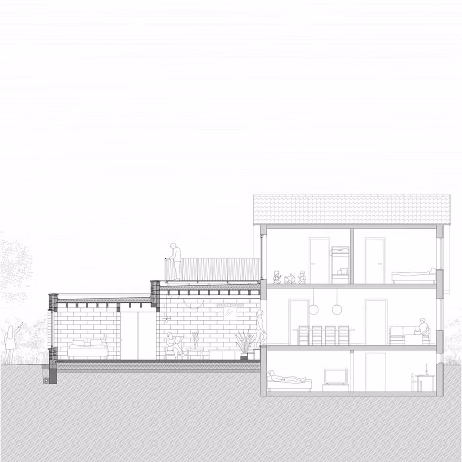 Ngôi nhà bao gồm phòng khách, bếp, khu vực ăn uống ngoài trời và phòng ngủ.