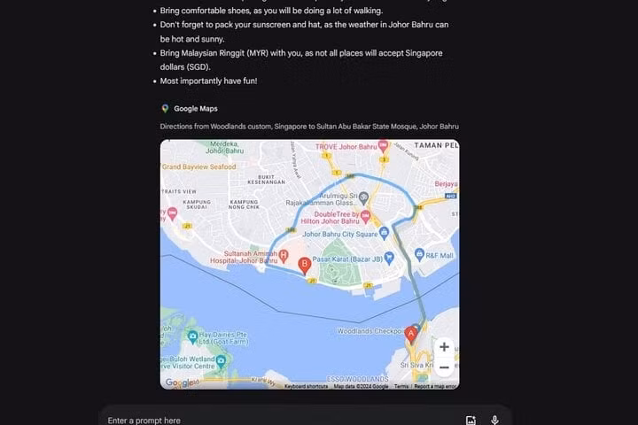 Gemini tích hợp các tính năng khác từ các ứng dụng Google, như Bản đồ, để làm cho các câu trả lời của ứng dụng trở nên trực quan hơn.