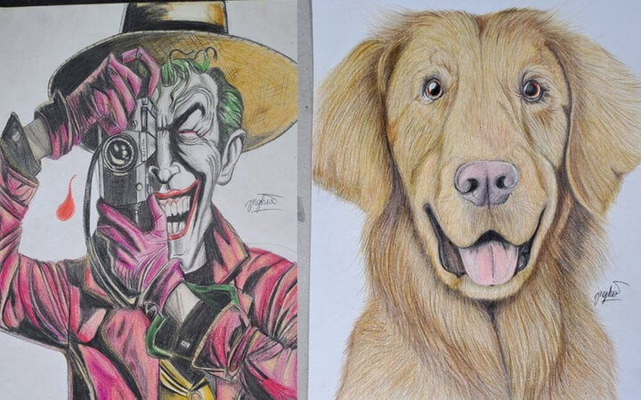 Những bức tranh bằng bút chì màu của bé Nghĩa.