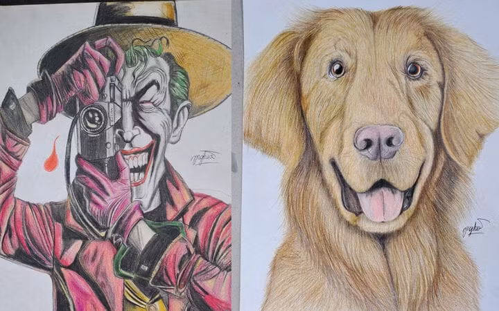 Những bức tranh bằng bút chì màu của bé Nghĩa.