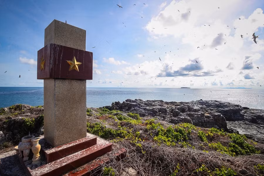 Chim nhạn biển bay quanh cột cờ trên đảo Hòn Em