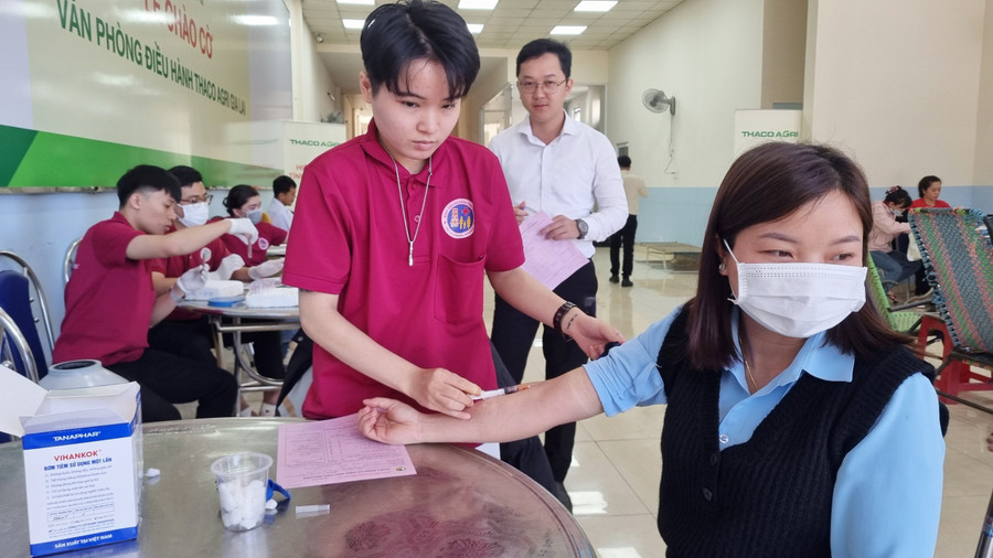 Đội ngũ y-bác sĩ Bệnh viện Đa khoa tỉnh khám sàng lọc cho các tình nguyện viên tham gia hiến máu. Ảnh: H.P