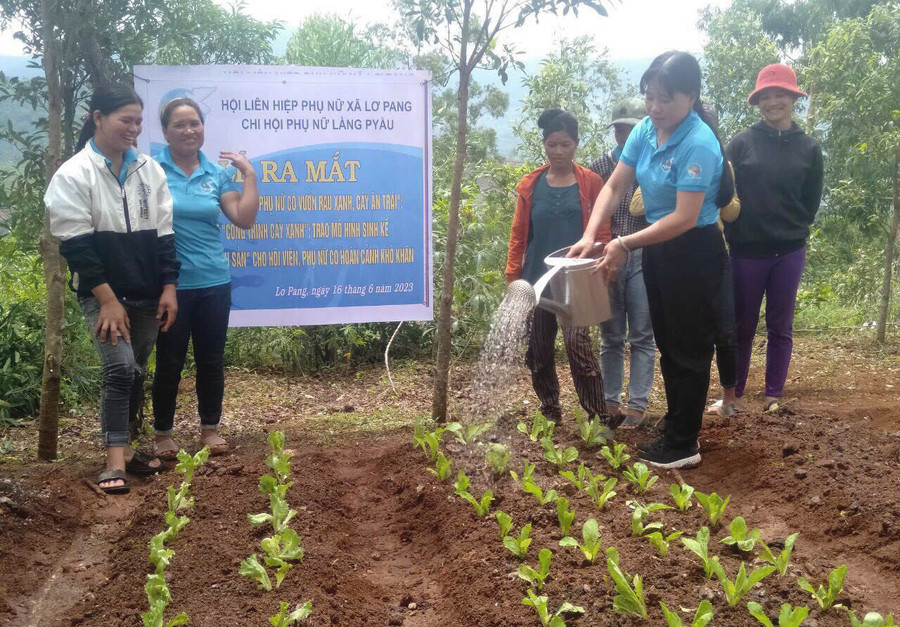 Hội Liên hiệp phụ nữ xã Lơ Pang ra mắt mô hình “Hộ hội viên, phụ nữ có vườn rau xanh, cây ăn trái”. Ảnh: Lê Toàn Hội Liên hiệp phụ nữ xã Lơ Pang ra mắt mô hình “Hộ hội viên, phụ nữ có vườn rau xanh, cây ăn trái”. Ảnh: Lê Toàn