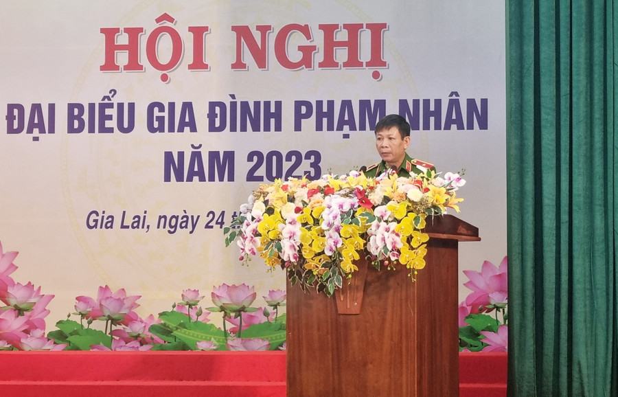 Thiếu tướng Nguyễn Ngọc Tuyến-Phó Cục trưởng Cục C10-Bộ Công an phát biểu tại hội nghị. Ảnh: H.P