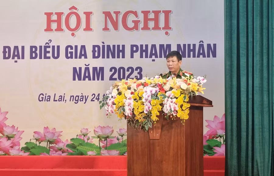 Thiếu tướng Nguyễn Ngọc Tuyến-Phó Cục trưởng Cục C10-Bộ Công an phát biểu tại hội nghị. Ảnh: H.P