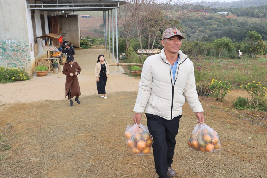 Du khách rời vườn với những túi cam ngọt lịm, về làm quà cho người thân. Ảnh: HỮU PHÚC