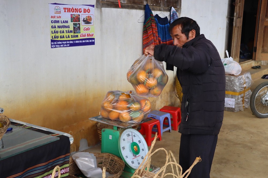 Chủ vườn cân cam cho khách. Ảnh: HỮU PHÚC