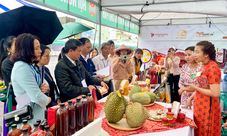 Ban tổ chức chấm điểm trực tiếp sản phẩm trưng bày tại gian hàng. Ảnh: Vũ Thảo