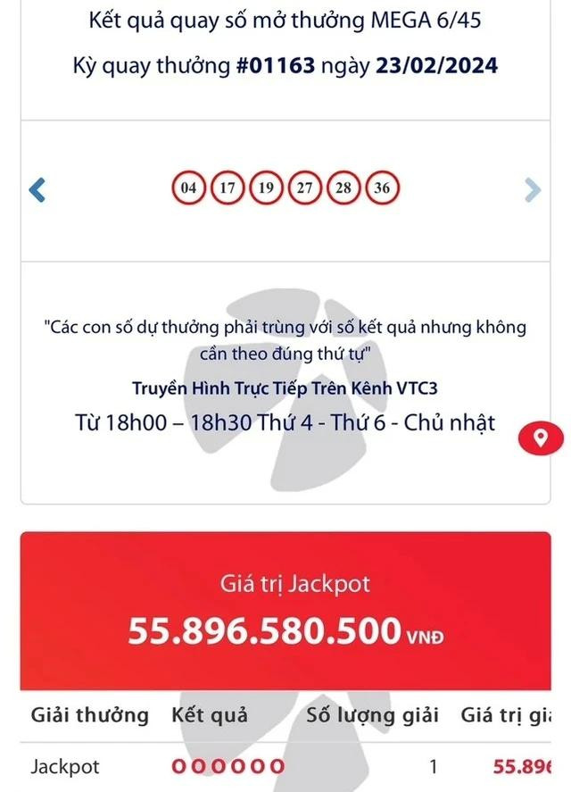 Kết quả quay số mở thưởng ngày 23.2 sản phẩm Mega 6/45