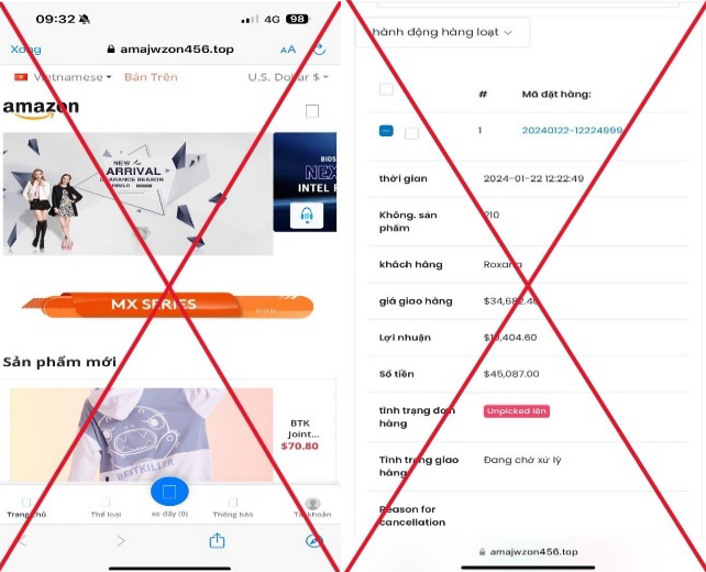Giao diện trang thương mại điện tử giả mạo Amazon. (Nguồn: Công an thành phố hà Nội) Giao diện trang thương mại điện tử giả mạo Amazon. (Nguồn: Công an thành phố hà Nội)
