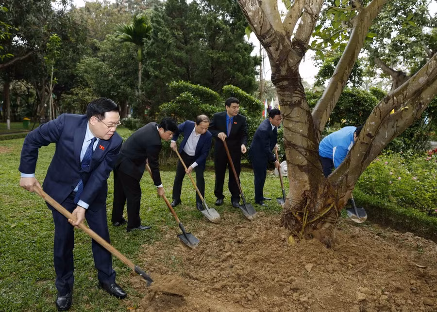 Chủ tịch Quốc hội Vương Đình Huệ trồng cây tại Khu Di tích Lịch sử Quốc gia Đặc biệt Kim Liên (xã Kim Liên, huyện Nam Đàn). (Ảnh: Nhan Sáng/TTXVN)