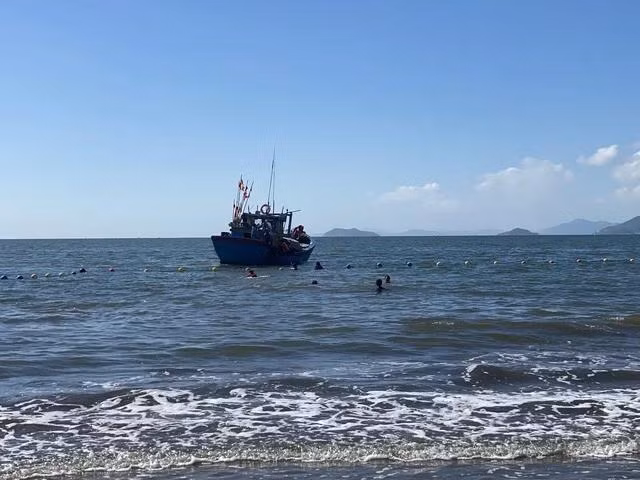 Tàu cá được huy động để hỗ trợ đưa con cá lớn ra vùng nước sâu