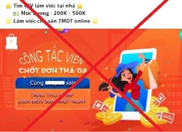 Quảng cáo lừa tuyển cộng tác viên trên Facebook. (Nguồn: Công an thành phố Hà Nội) Quảng cáo lừa tuyển cộng tác viên trên Facebook. (Nguồn: Công an thành phố Hà Nội)