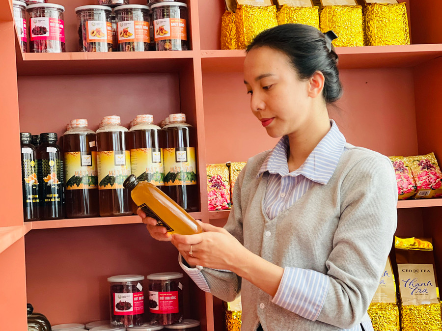 Chị Nguyễn Thị Vy Vy-Chủ tịch HĐQT kiêm Giám đốc HTX VCSC đã mạnh dạn mở showroom trưng bày và giới thiệu sản phẩm đặc sản Gia Lai. Ảnh: Mai Ka