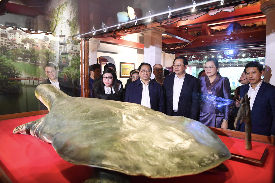 Thủ tướng Phạm Minh Chính và Phu nhân cùng Thủ tướng CHDCND Lào Sonexay Siphandone và Phu nhân xem và nghe giới thiệu về tiêu bản rùa hồ Hoàn Kiếm lưu giữ trong đền Ngọc Sơn. Ảnh: Tiến Đạt