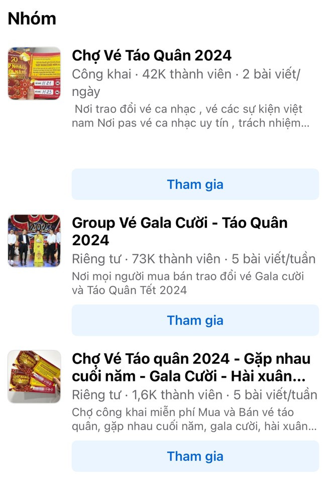 Những nhóm buôn bán vé Táo Quân 2024 nở rộ thu hút hàng chục nghìn thành viên. Những nhóm buôn bán vé Táo Quân 2024 nở rộ thu hút hàng chục nghìn thành viên.