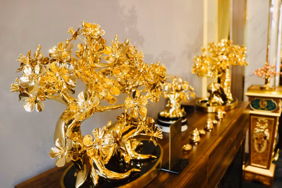 Những cây mai mạ vàng có kích thước nhỏ hơn cũng được trưng bày tại showroom
