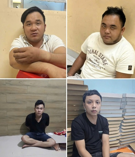 Thân (áo trắng, bên trái), Thế (áo trắng), Linh (áo đen, bên trái) và Kiệt bị công an bắt giữ