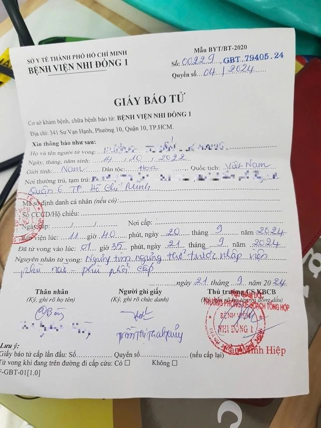 Giấy báo tử của cháu K.