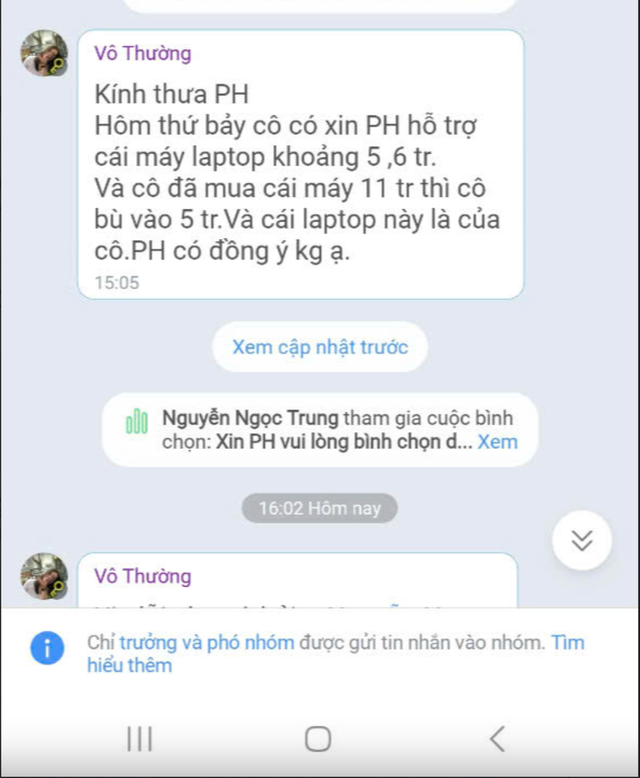 Tin nhắn của cô H. với các phụ huynh về việc mua laptop