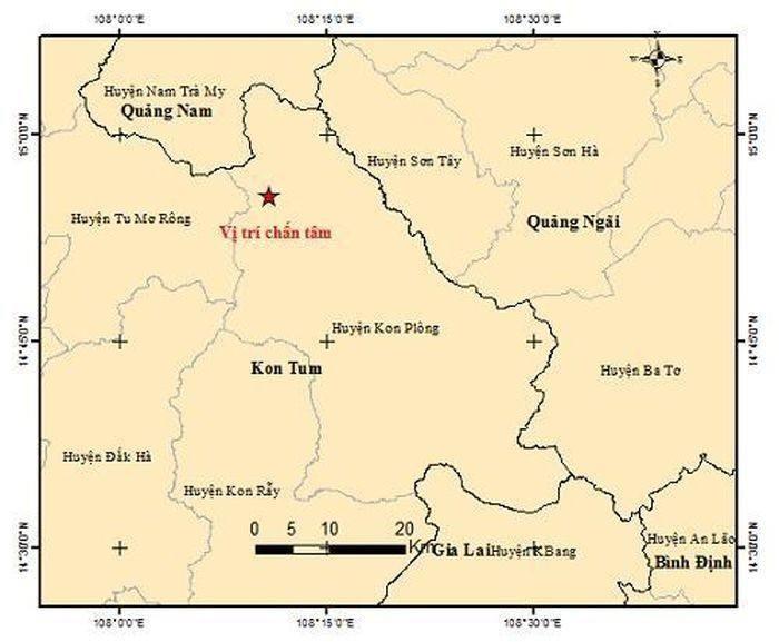 Vị trí xảy ra động đất ở Kon Tum. Ảnh: Viện Vật lý Địa cầu Vị trí xảy ra động đất ở Kon Tum. Ảnh: Viện Vật lý Địa cầu