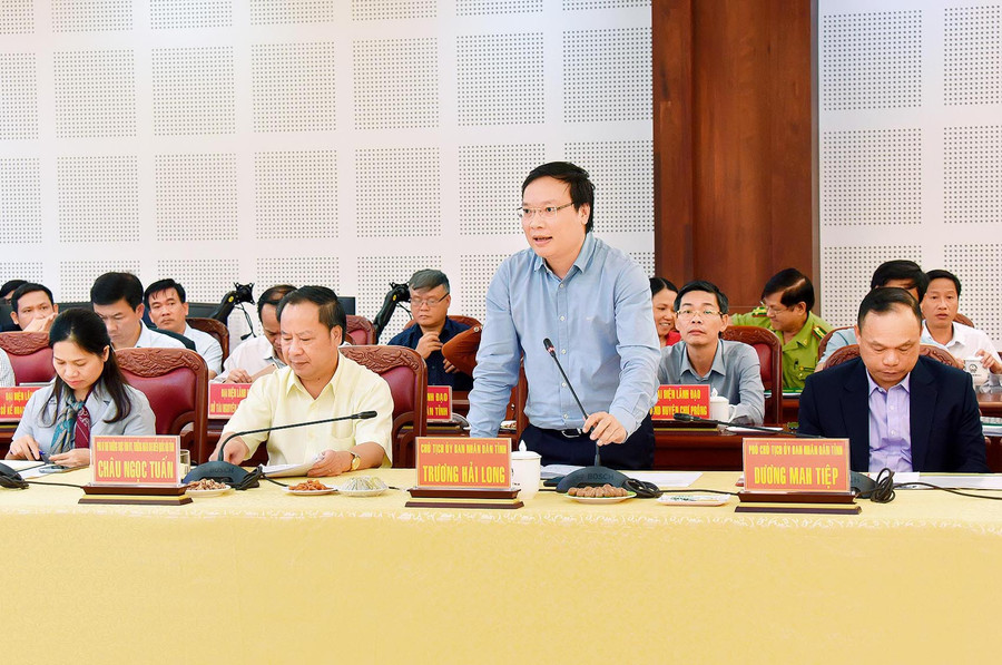 Phó Bí thư Tỉnh ủy, Chủ tịch UBND tỉnh Trương Hải Long phát biểu tại buổi làm việc. Ảnh: Đức Thụy