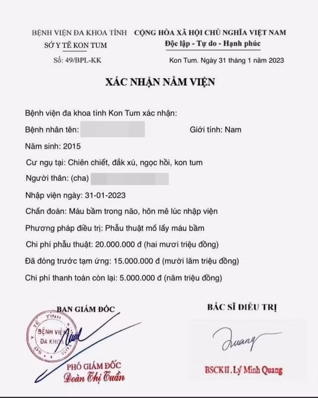Giấy xác nhận nằm viện bị làm giả để kêu gọi từ thiện nhằm trục lợi. Ảnh: Chụp màn hình