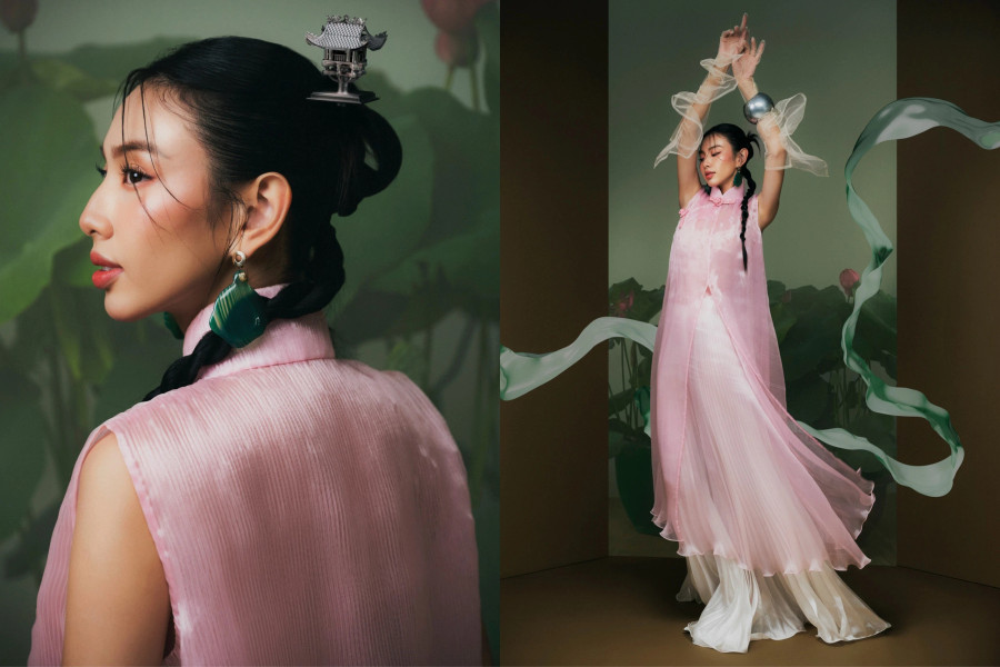 Mỹ nhân sinh năm 1998 khoe nhan sắc cuốn hút trong các thiết kế mang hơi thở truyền thống với các biểu tượng: áo dài, hoa sen, con rồng, chùa Một Cột... kết hợp những nét phá cách hiện đại.