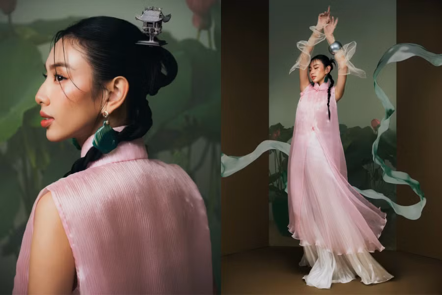 Mỹ nhân sinh năm 1998 khoe nhan sắc cuốn hút trong các thiết kế mang hơi thở truyền thống với các biểu tượng: áo dài, hoa sen, con rồng, chùa Một Cột... kết hợp những nét phá cách hiện đại.