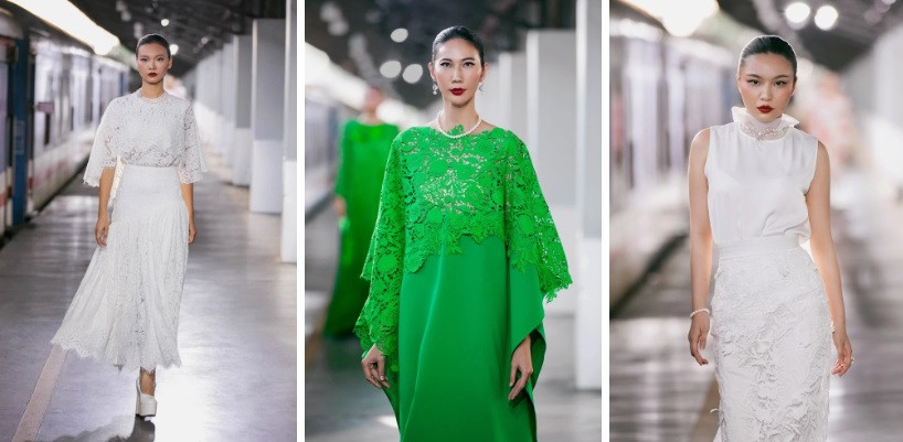 Nhà mốt Việt phối chân váy ren cùng áo lụa organza, áo ren cánh tiên hay kết hợp ren và lụa để làm nên chiếc đầm freesize màu xanh lá tươi mát và rạng rỡ