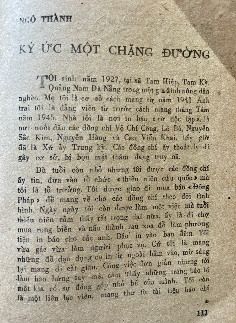 Lời tự bạch của ông Ngô Thành trong tập hồi ký &quot;Lớn lên nhờ cách mạng&quot;. Ảnh: P.D