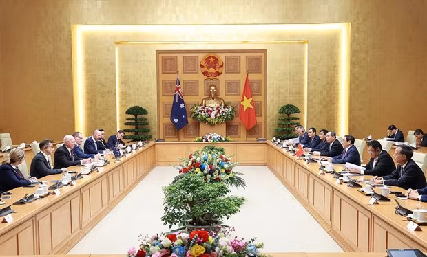 Quang cảnh buổi hội kiến giữa Thủ tướng Phạm Minh Chính và Toàn quyền Australia David Hurley. Ảnh: Dương Giang/TTXVN