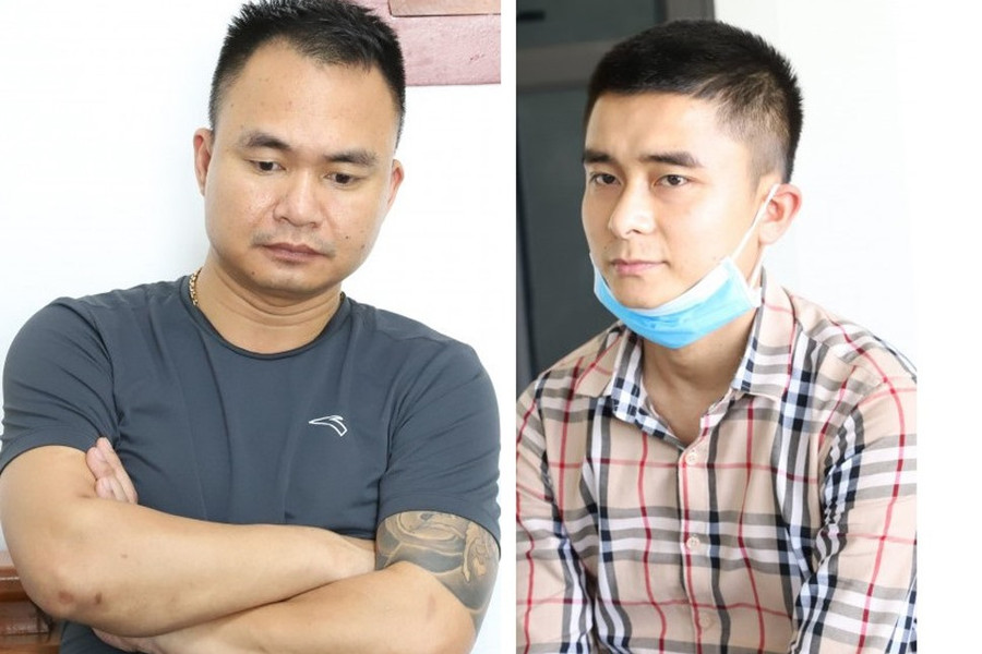 Đối tượng Nam (áo phông) và Khánh. Ảnh: Công an cung cấp