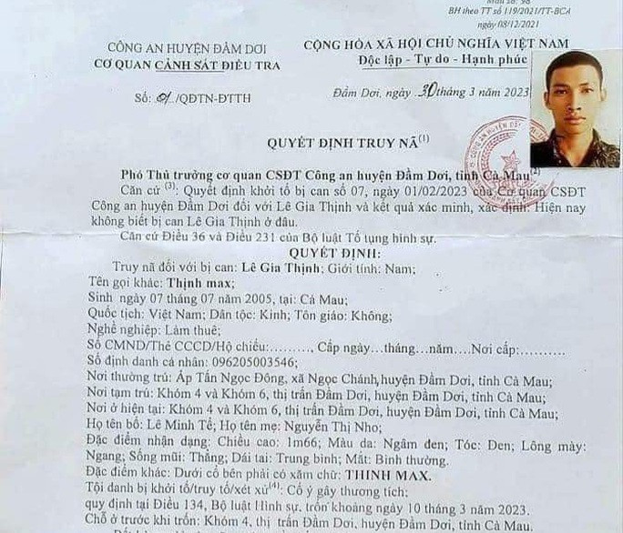Truy nã đối tượng có xăm chữ Thịnh Max dưới cổ - Ảnh 1. Quyết định truy nã Lê Gia Thịnh
