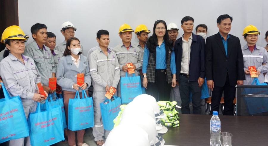 Lãnh đạo Liên đoàn Lao động tỉnh thăm, tặng quà công nhân Công ty TNHH xi măng ELECEM. Ảnh: Đinh Yến Lãnh đạo Liên đoàn Lao động tỉnh thăm, tặng quà công nhân Công ty TNHH xi măng ELECEM. Ảnh: Đinh Yến