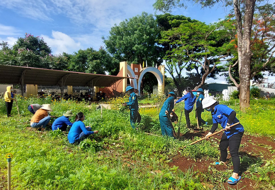 Đoàn viên, thanh niên xã Biển Hồ thường xuyên ra quân dọn vệ sinh khu vực công cộng; trồng, chăm sóc cây xanh để bảo vệ môi trường. Ảnh: Nhật Hào